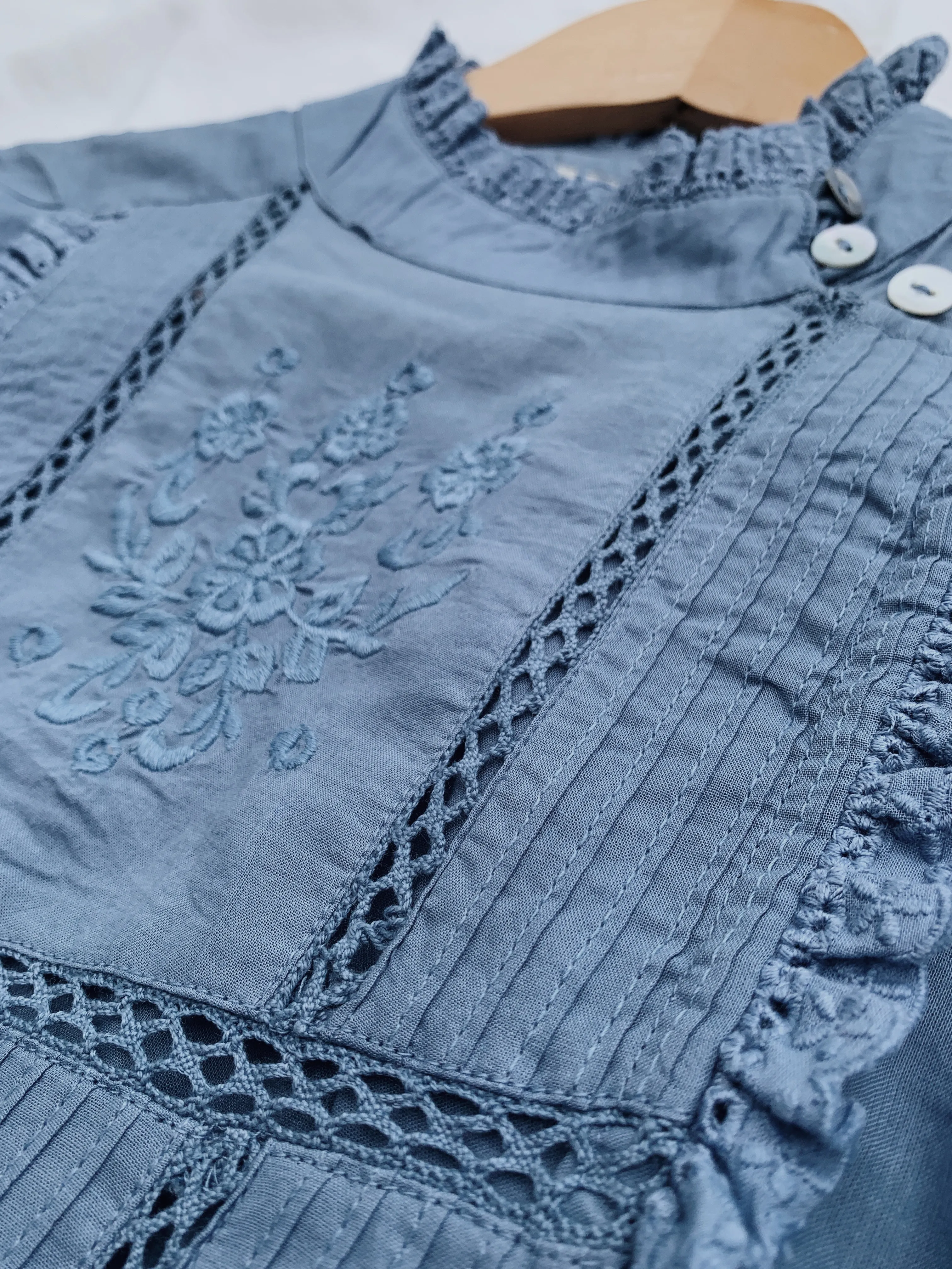 100% RECYCLED COTTON - PAULINA DUSTY BLUE COTTON BLOUSE