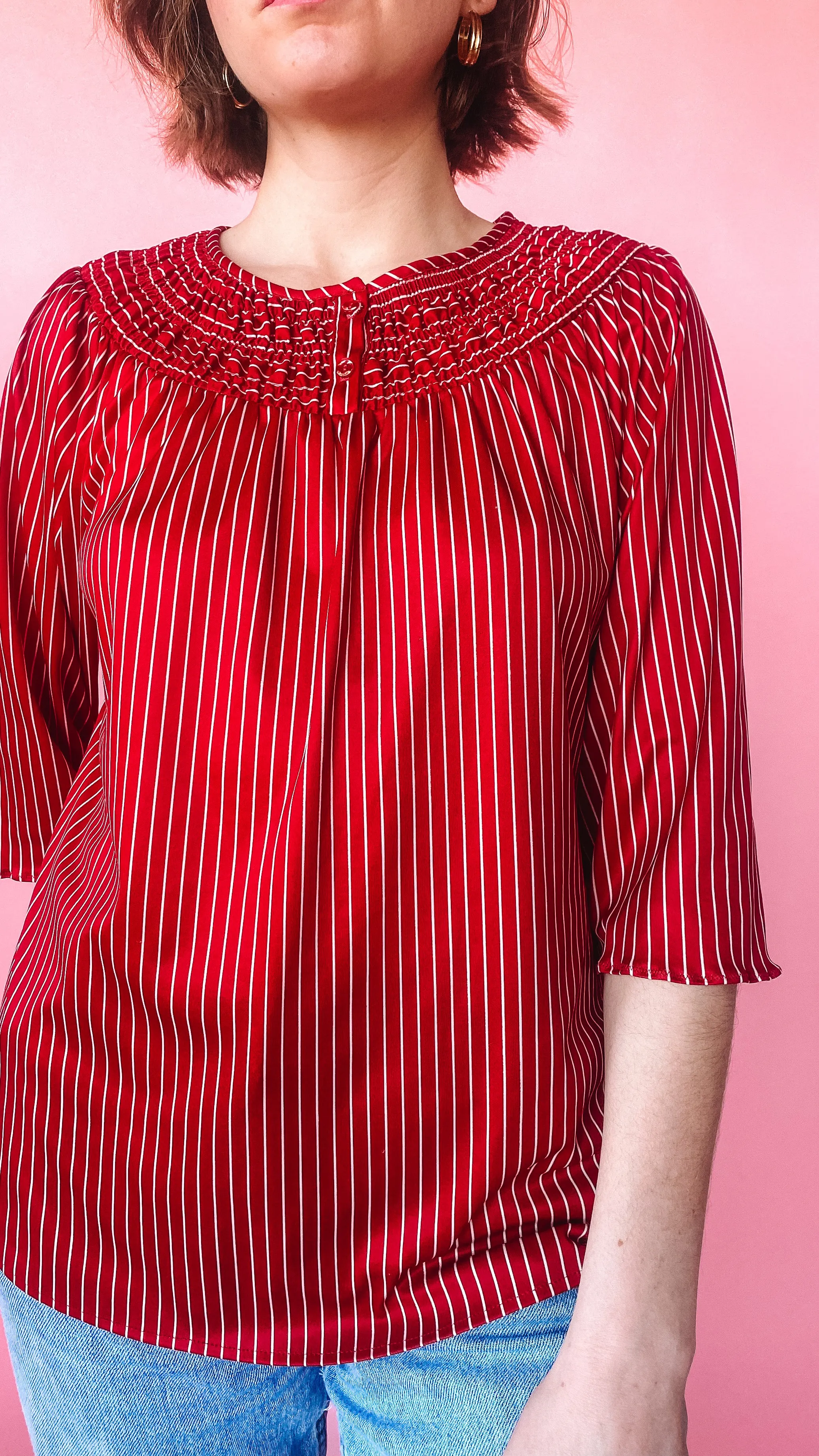 1970s Red Ruched Candy Stripe Top, sz. L