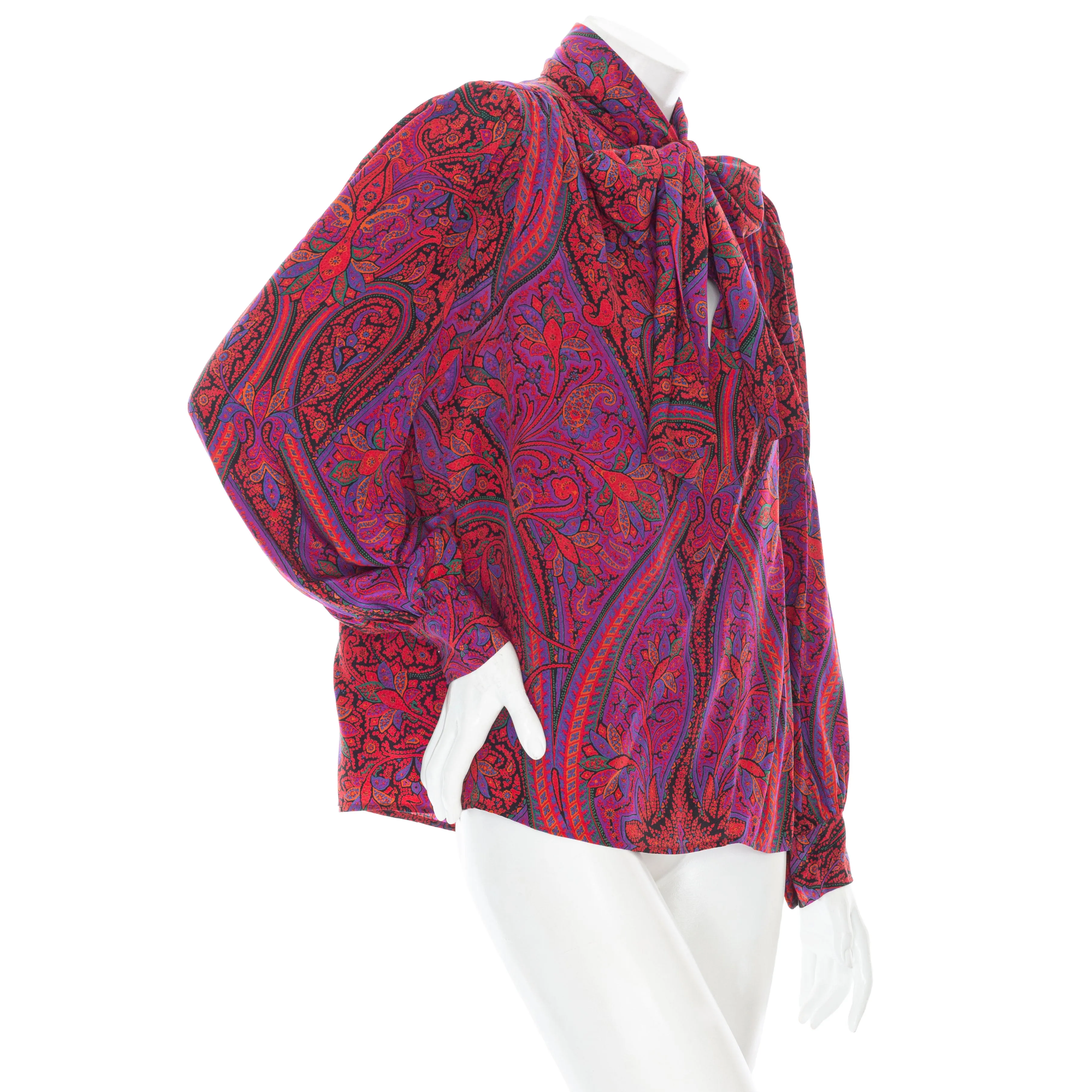 1970s Rive Gauche Red and Purple Silk Paisley Tie-Neck Blouse