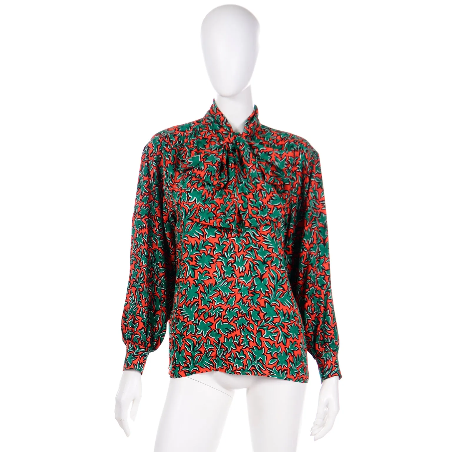 1980s Yves Saint Laurent Orange and Green Leaf Print Silk Blouse with Sash