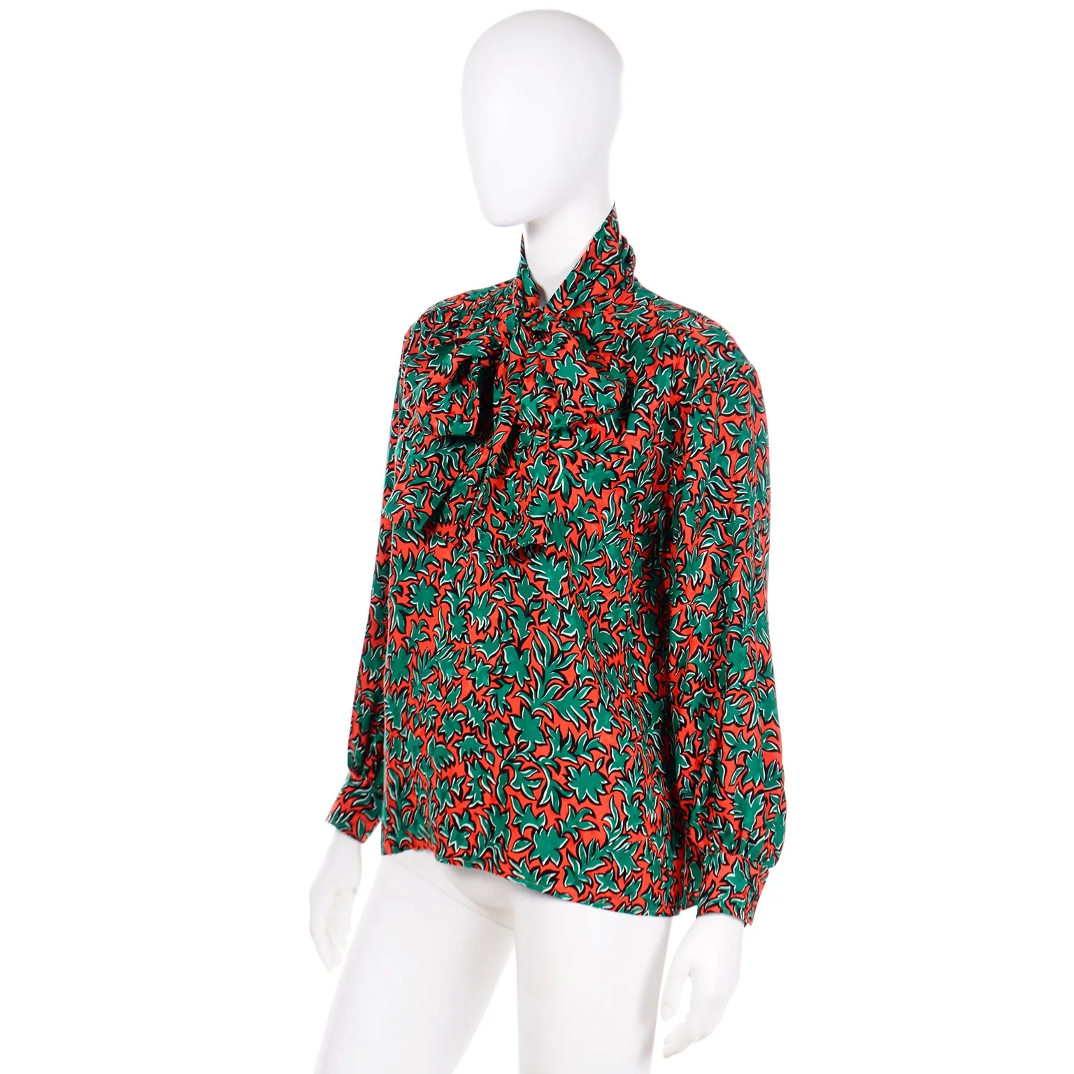 1980s Yves Saint Laurent Orange and Green Leaf Print Silk Blouse with Sash