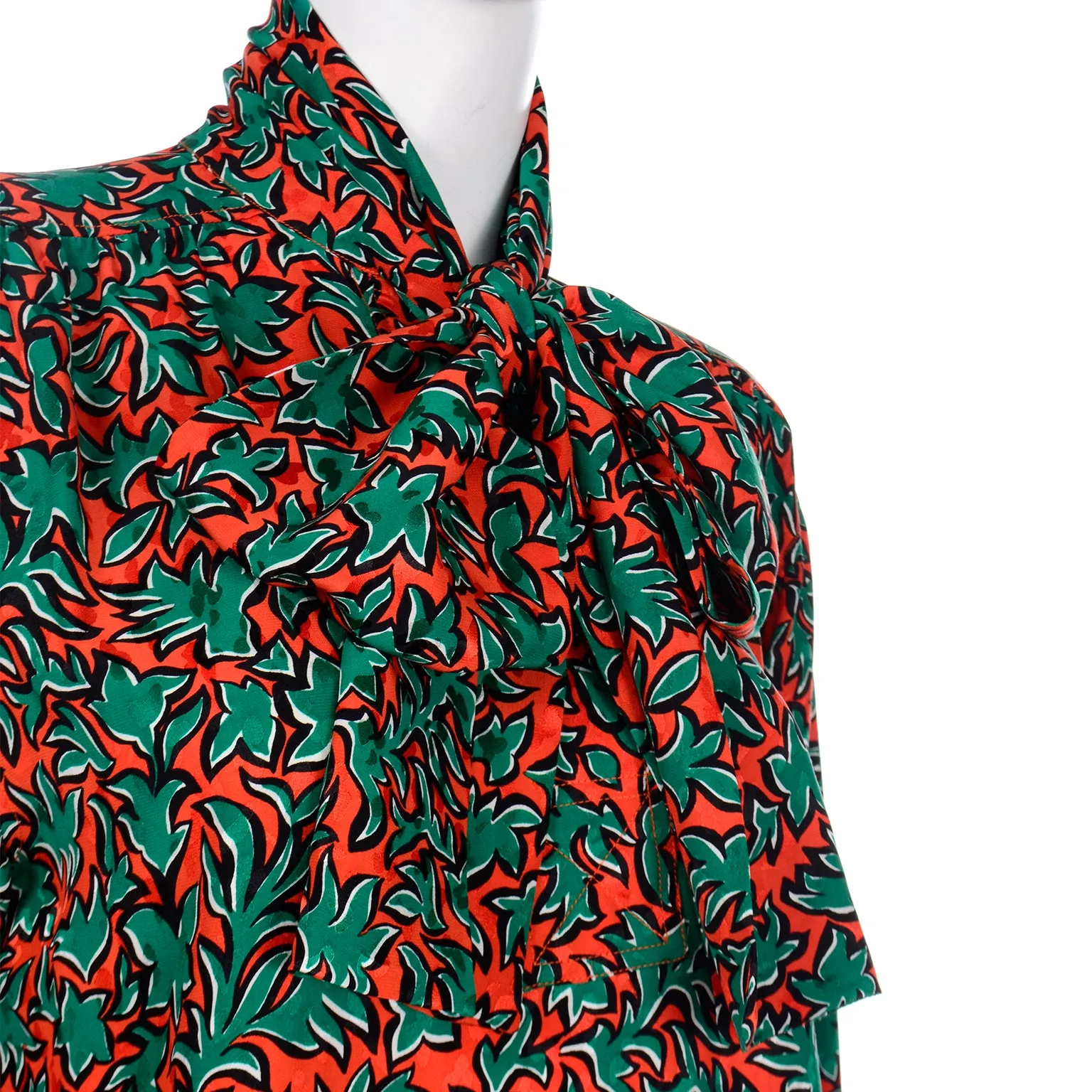 1980s Yves Saint Laurent Orange and Green Leaf Print Silk Blouse with Sash