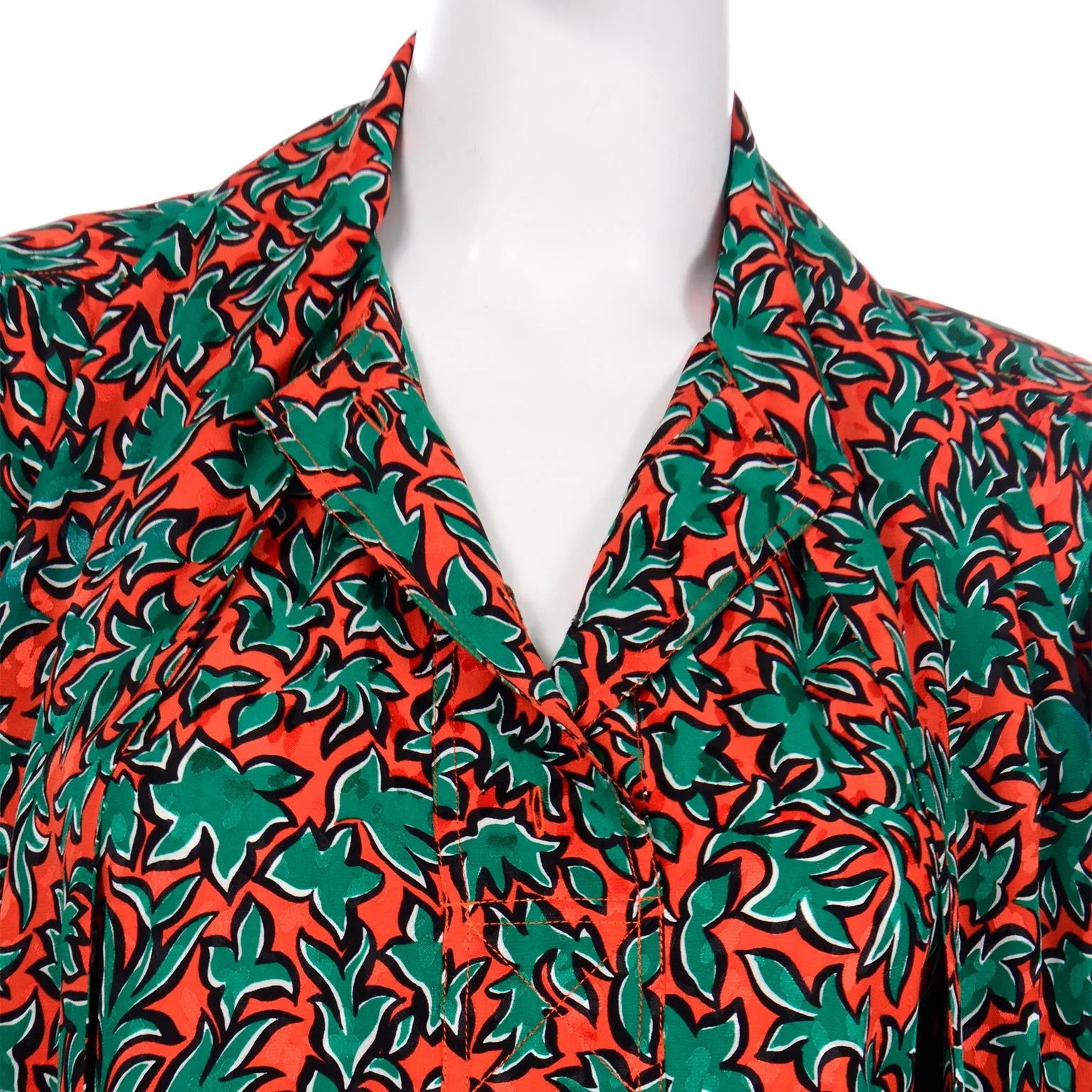 1980s Yves Saint Laurent Orange and Green Leaf Print Silk Blouse with Sash