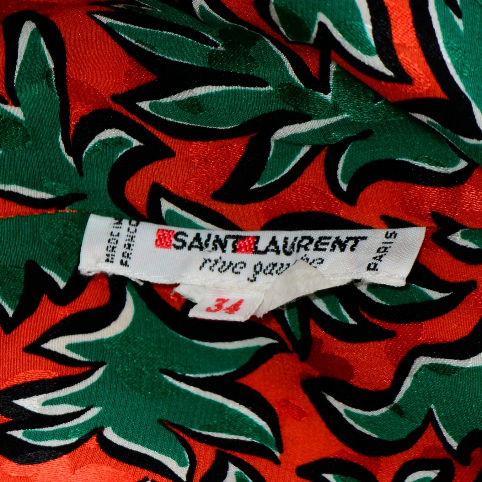1980s Yves Saint Laurent Orange and Green Leaf Print Silk Blouse with Sash