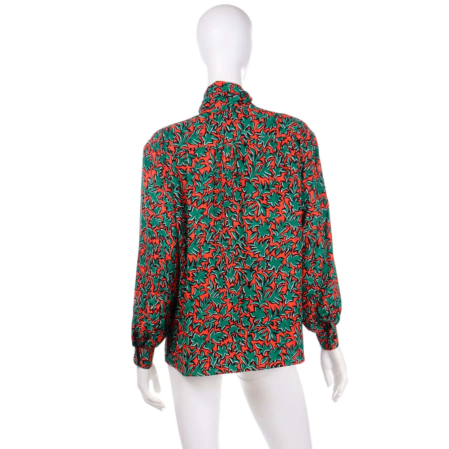 1980s Yves Saint Laurent Orange and Green Leaf Print Silk Blouse with Sash