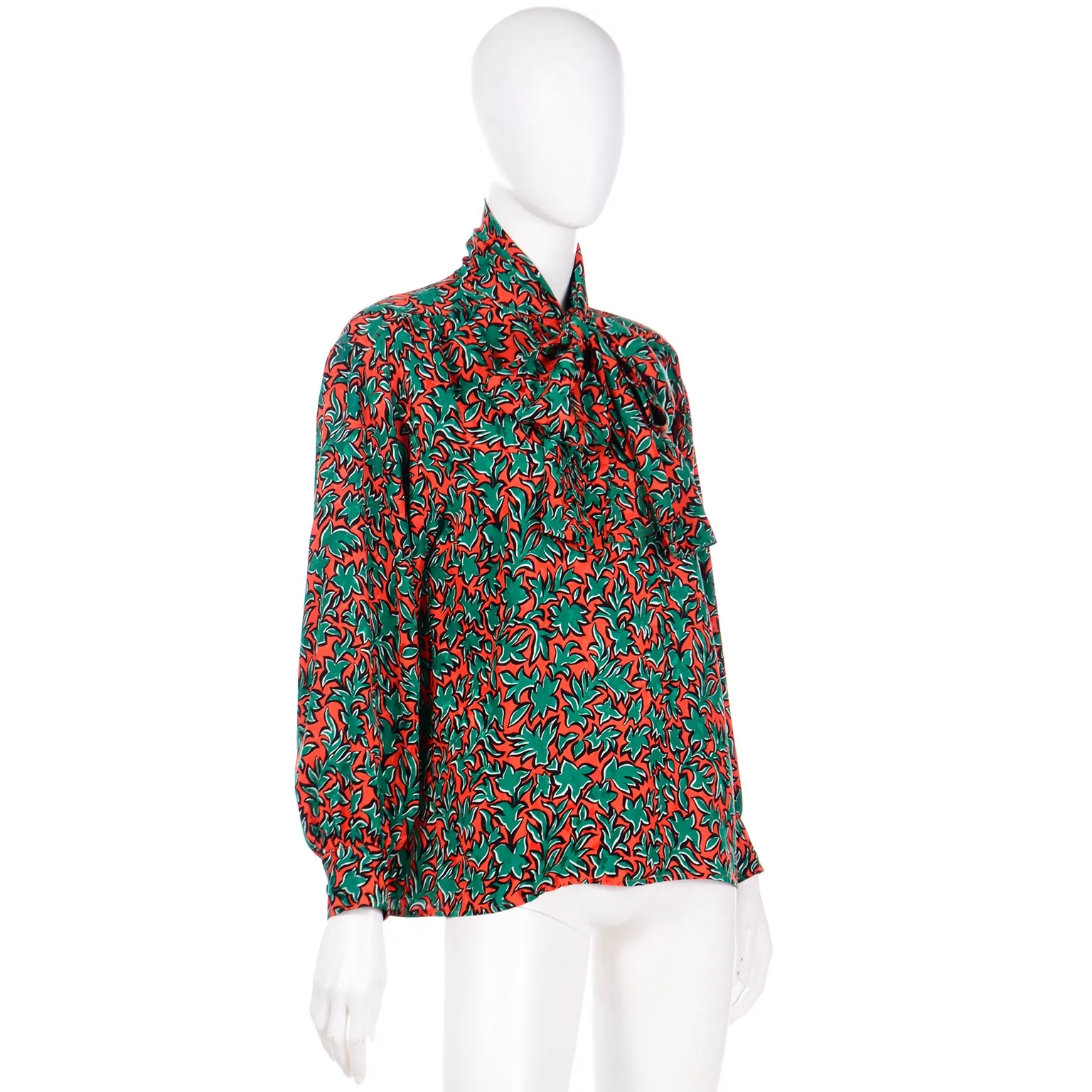 1980s Yves Saint Laurent Orange and Green Leaf Print Silk Blouse with Sash
