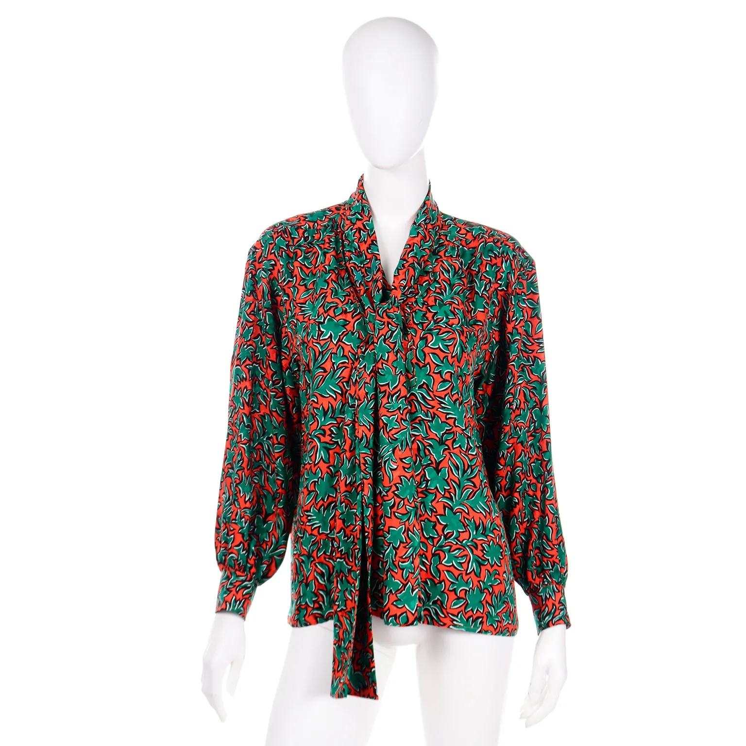 1980s Yves Saint Laurent Orange and Green Leaf Print Silk Blouse with Sash