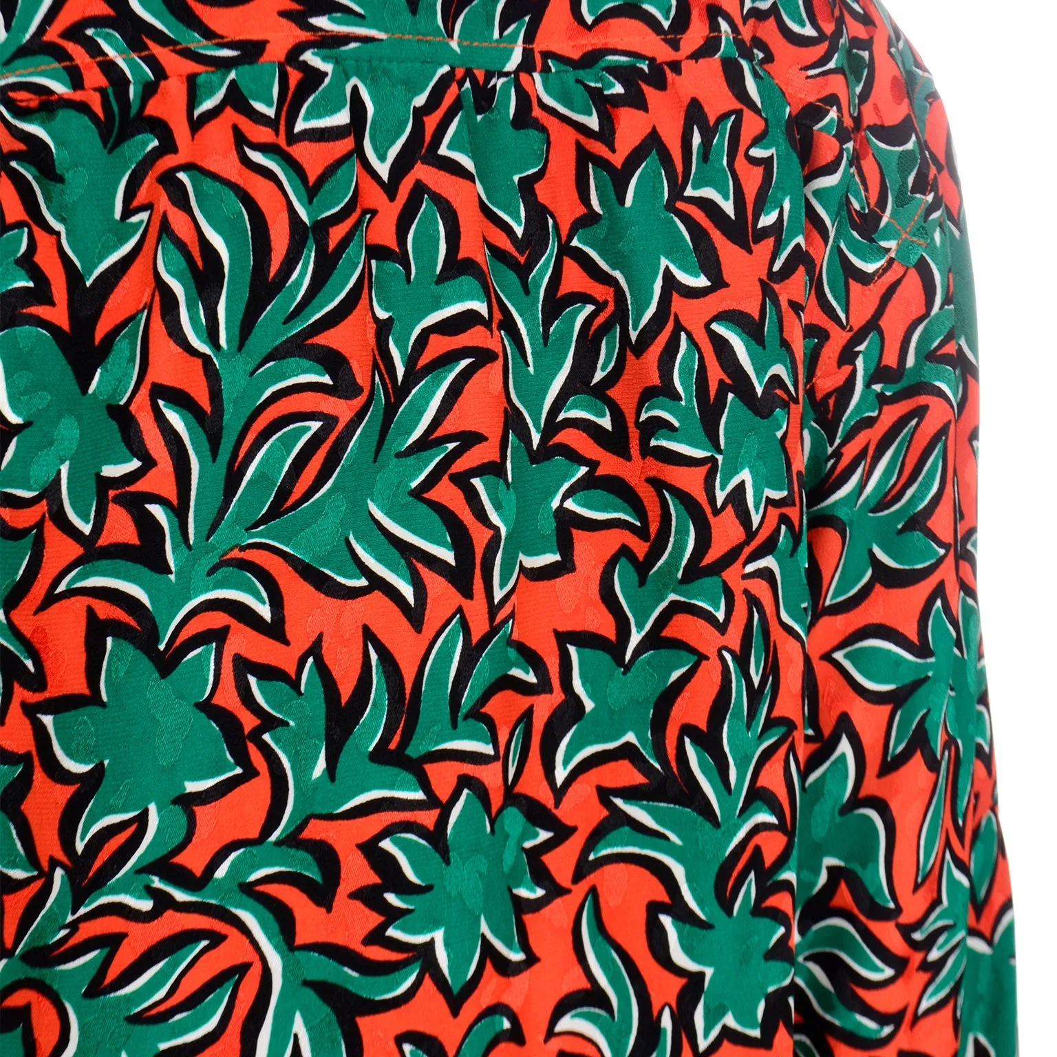 1980s Yves Saint Laurent Orange and Green Leaf Print Silk Blouse with Sash