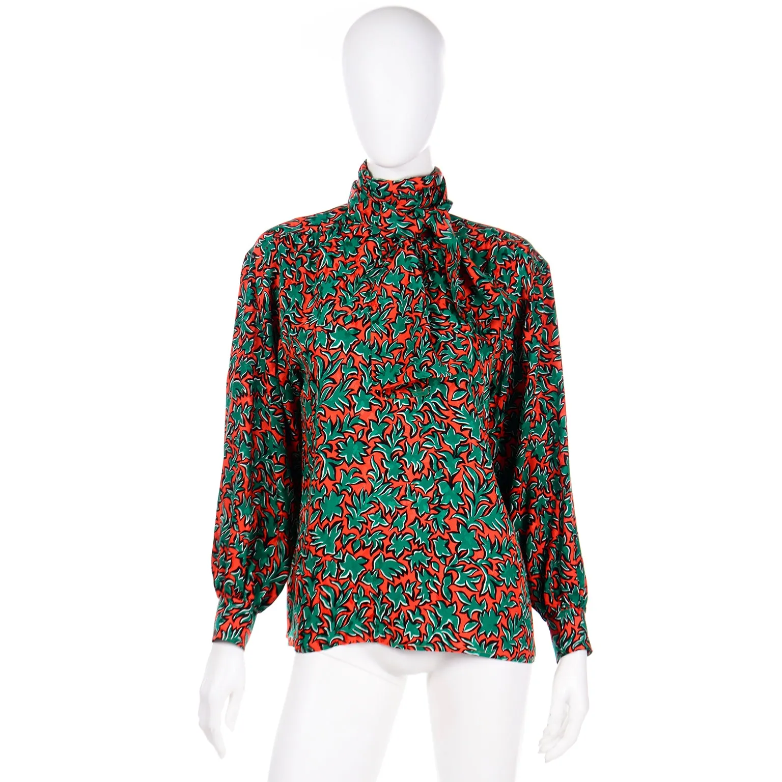 1980s Yves Saint Laurent Orange and Green Leaf Print Silk Blouse with Sash