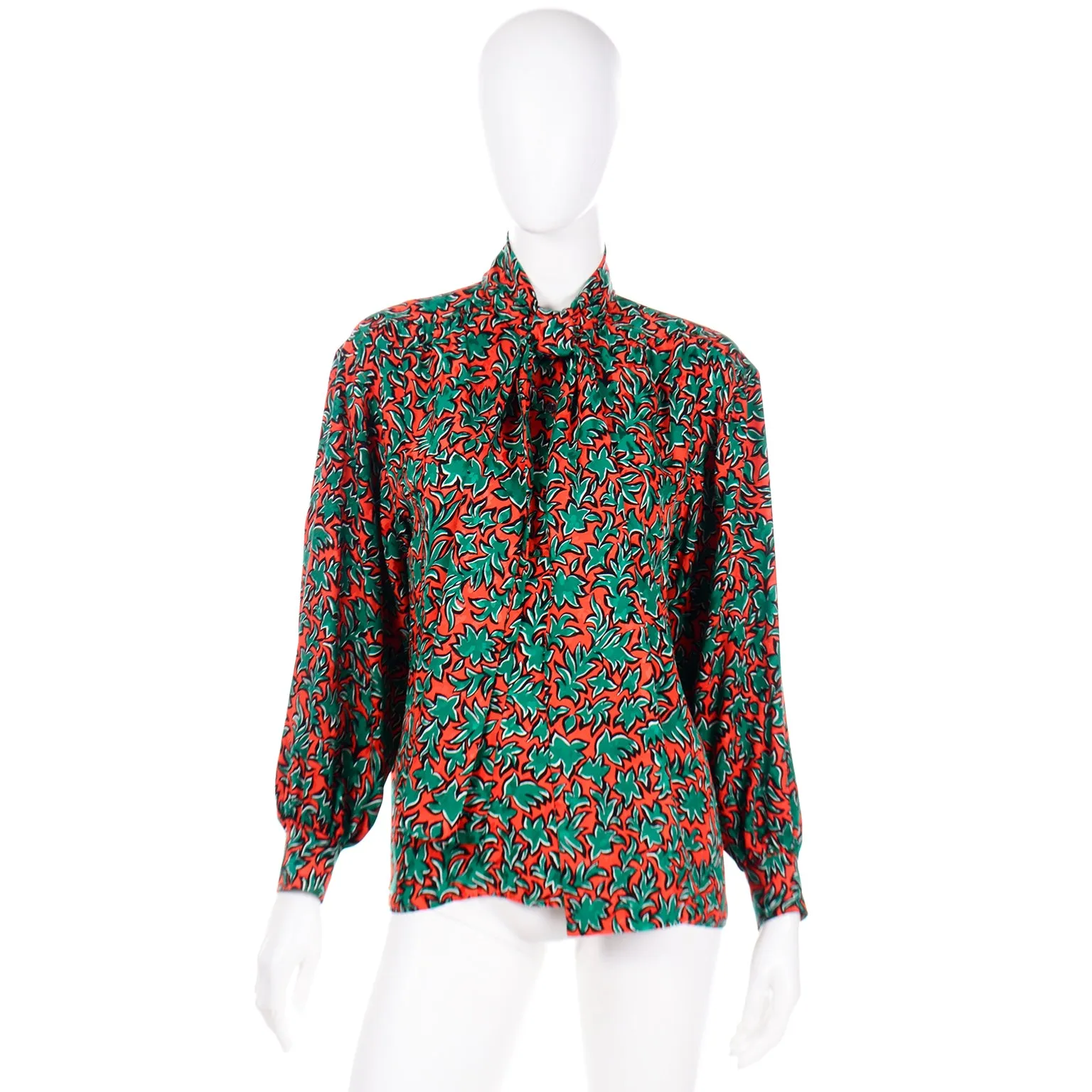 1980s Yves Saint Laurent Orange and Green Leaf Print Silk Blouse with Sash