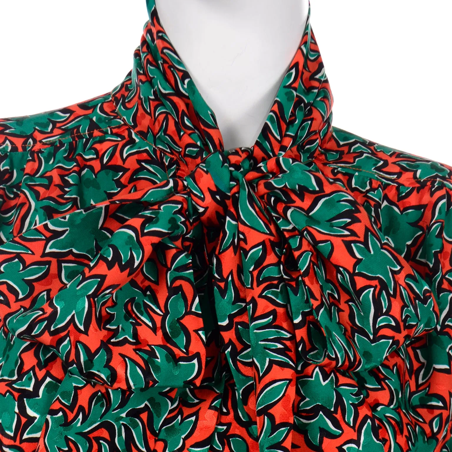1980s Yves Saint Laurent Orange and Green Leaf Print Silk Blouse with Sash