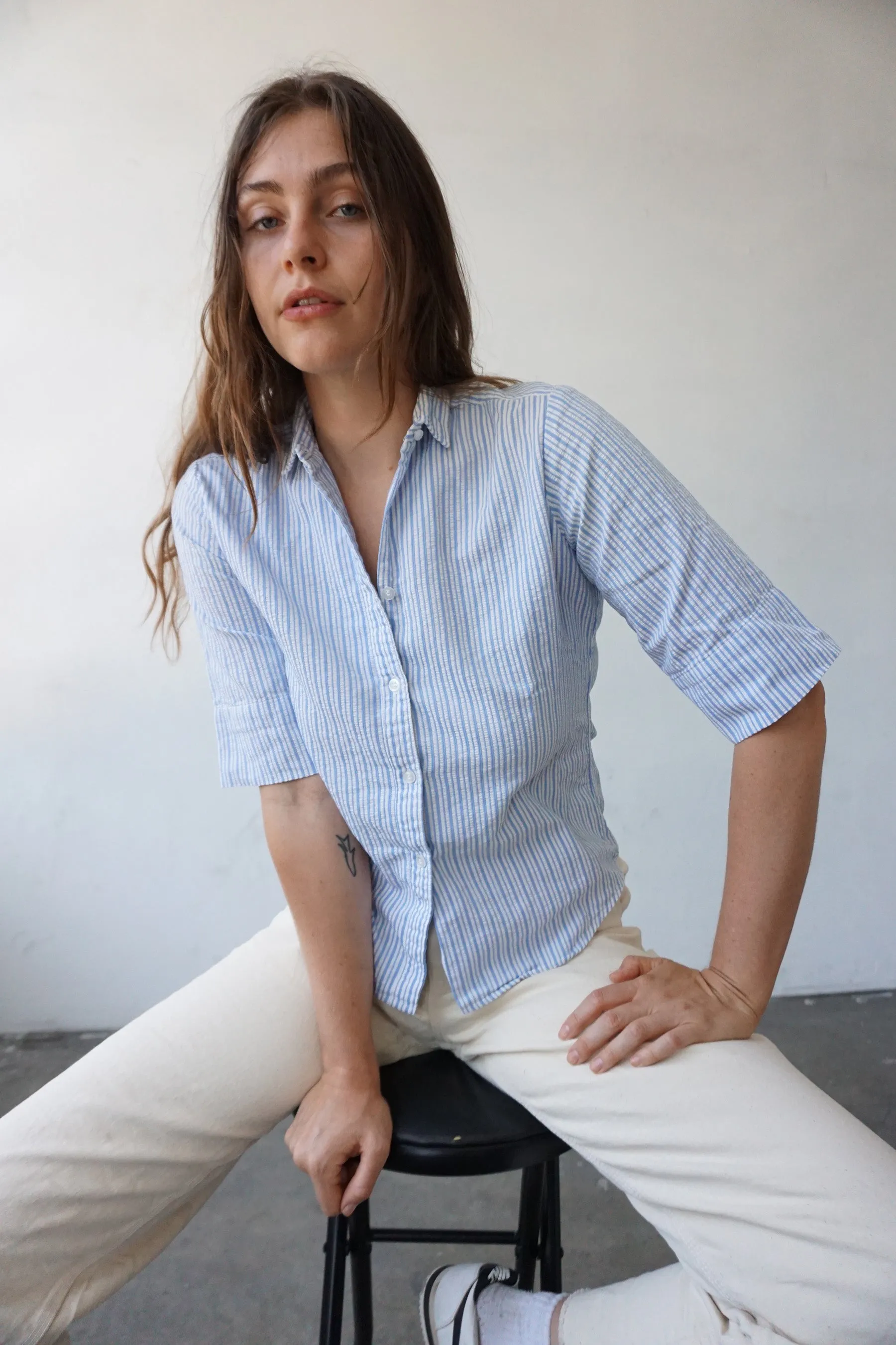 60s Seersucker Striped Blouse