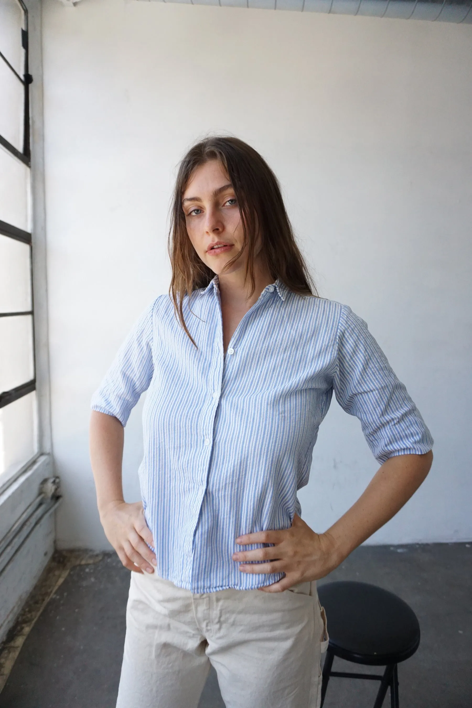 60s Seersucker Striped Blouse