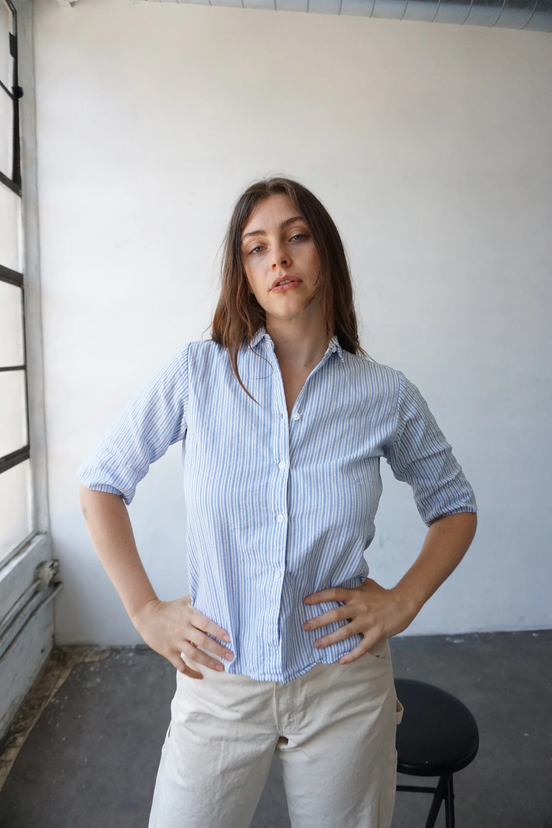 60s Seersucker Striped Blouse