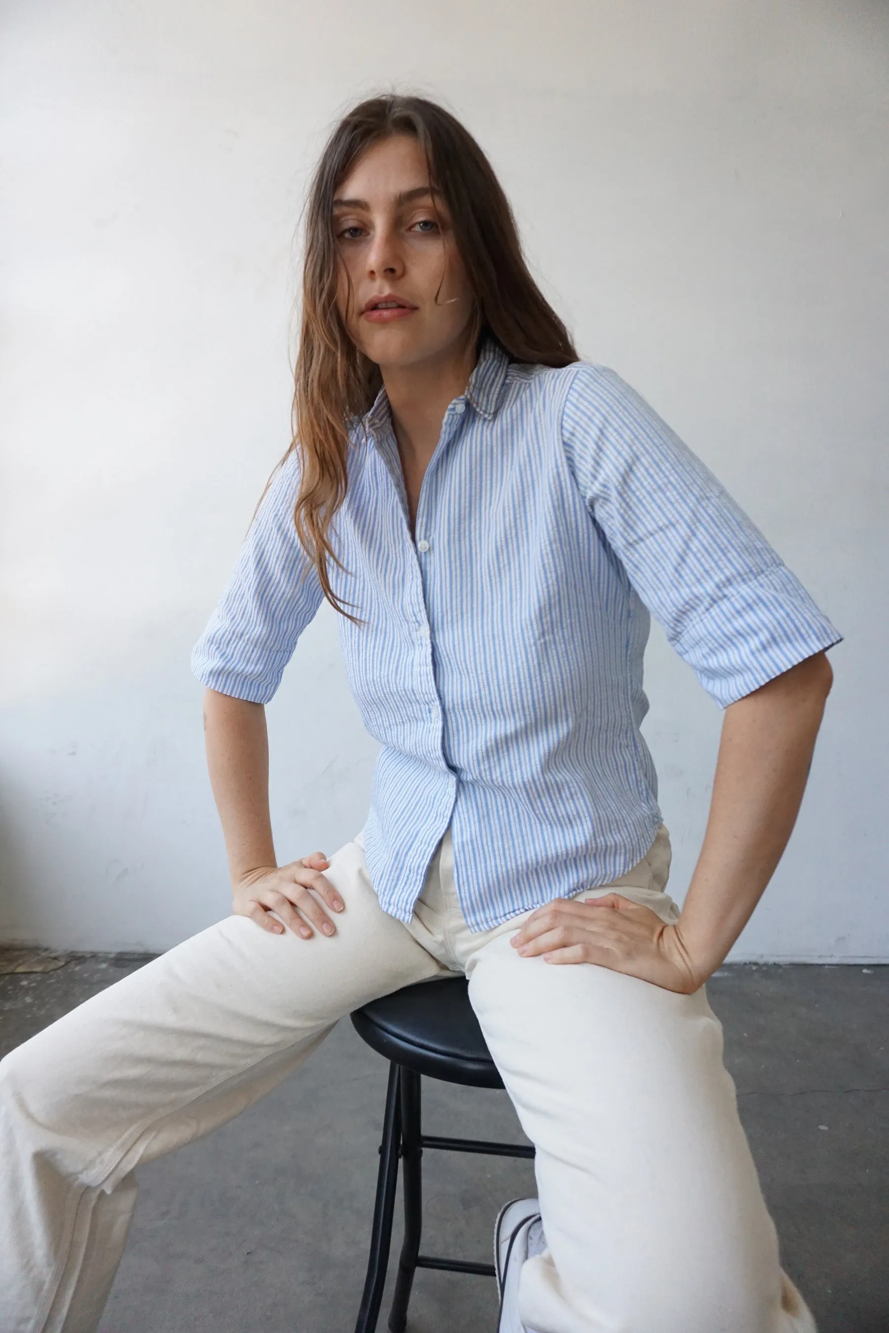 60s Seersucker Striped Blouse