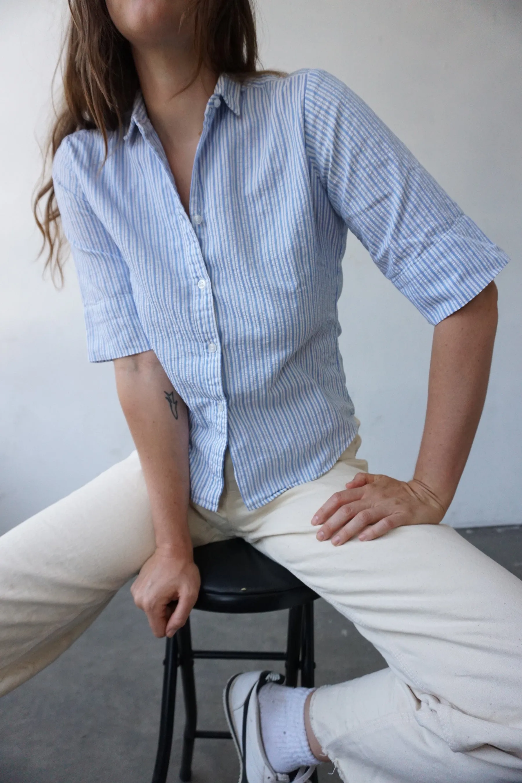 60s Seersucker Striped Blouse