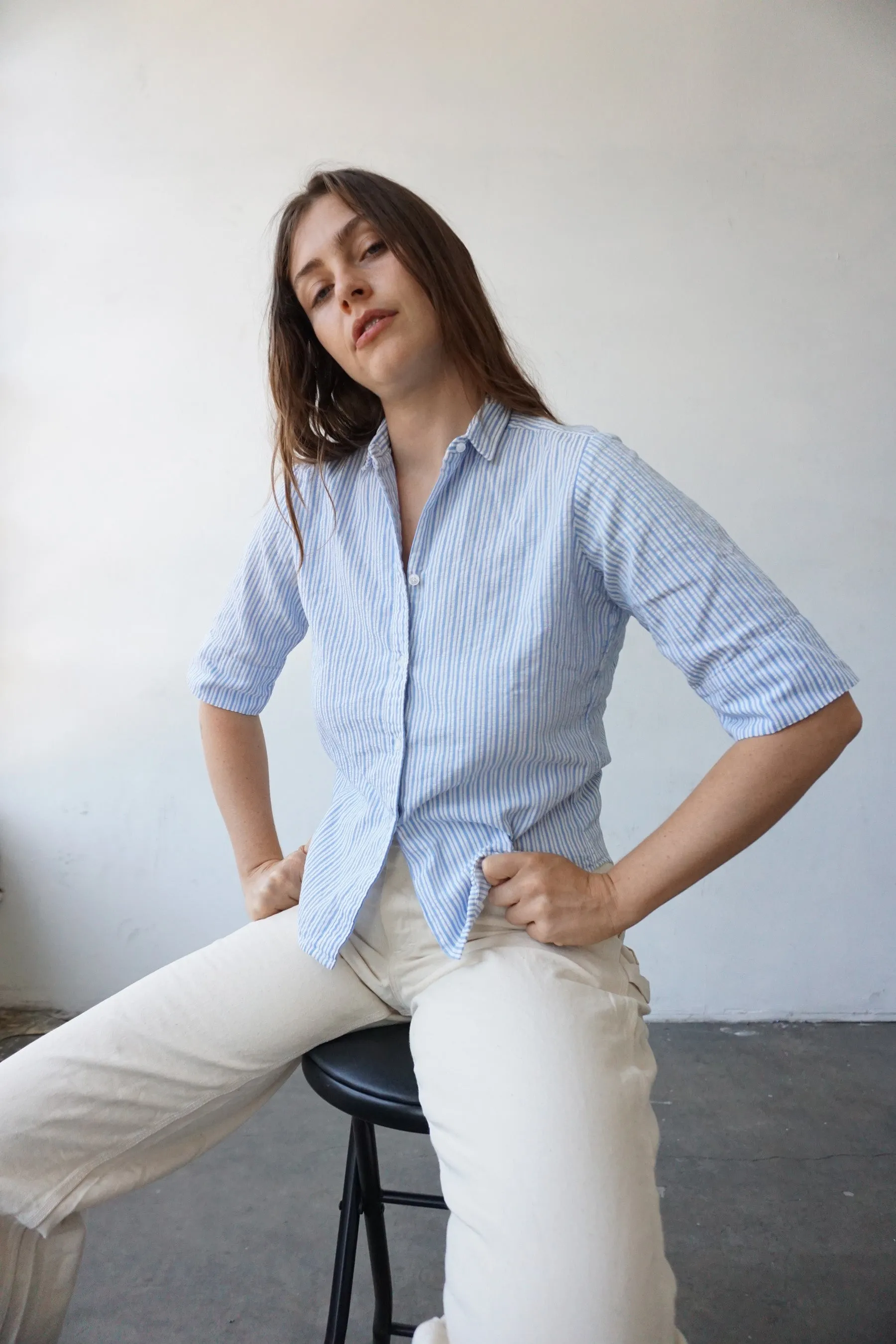60s Seersucker Striped Blouse