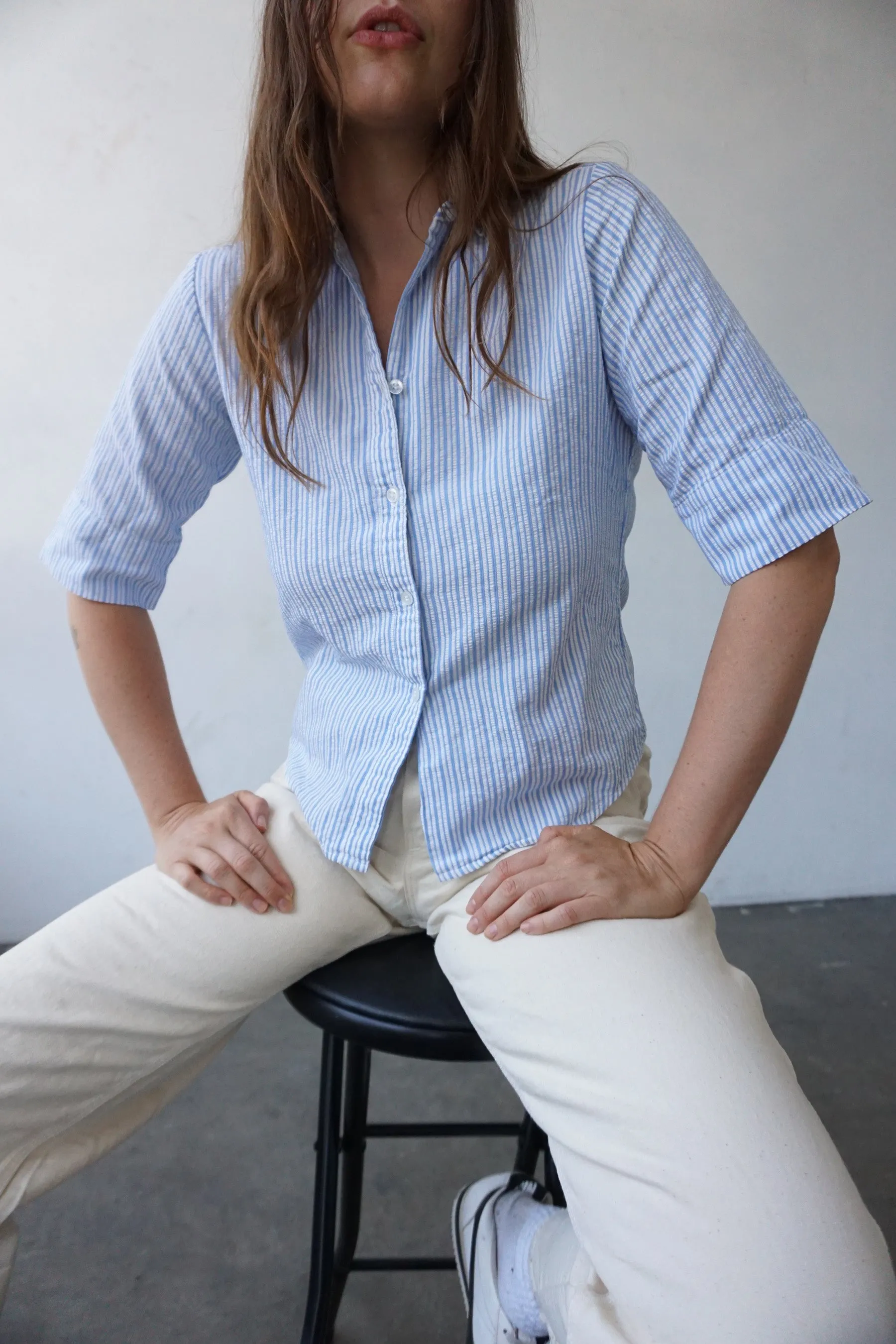 60s Seersucker Striped Blouse