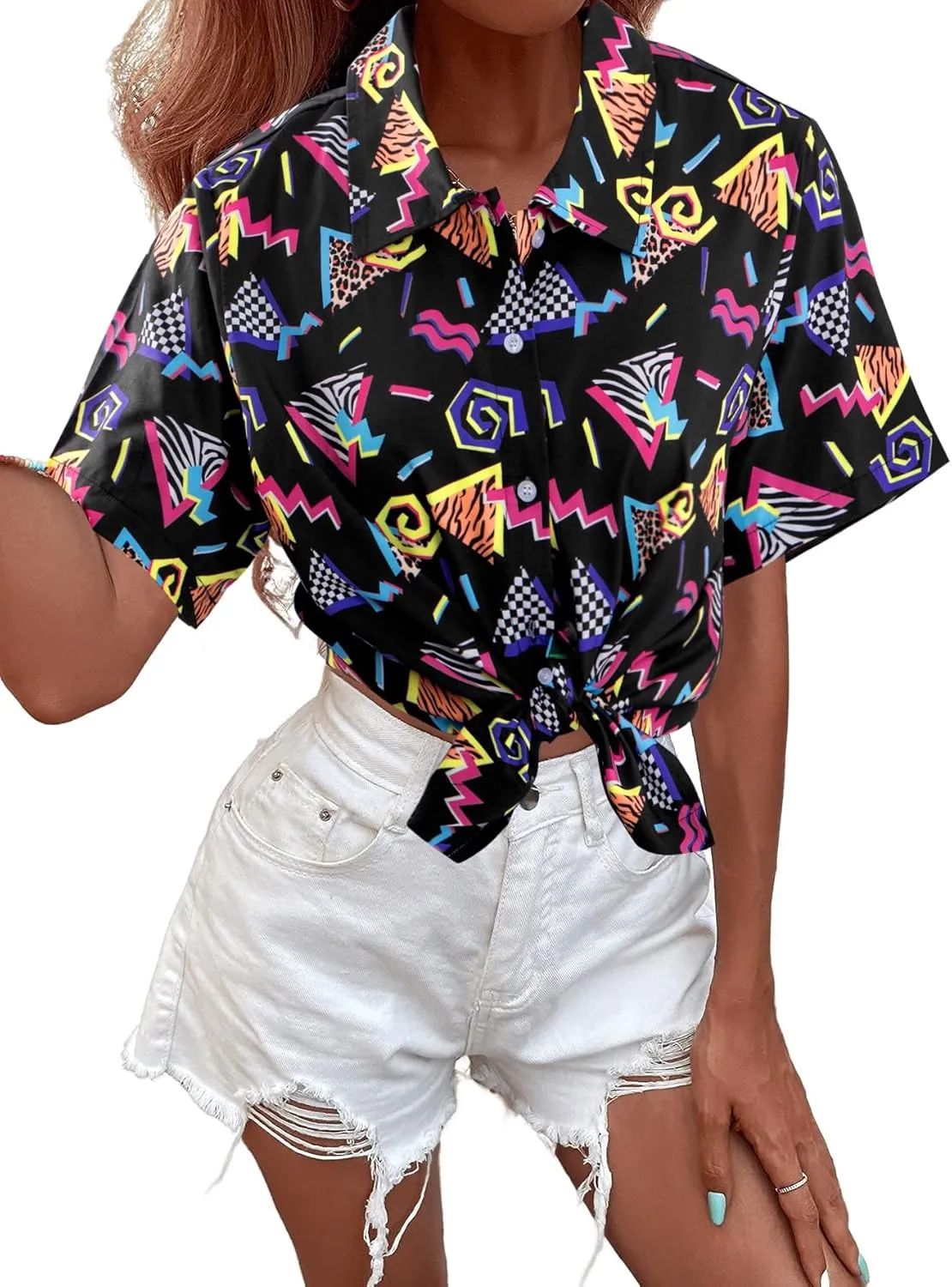 80s 90s Outfits for Women Retro Theme Party Disco Shirt 80s Hawaiian Shirt Neon Button Down Short Sleeve Blouse Tops