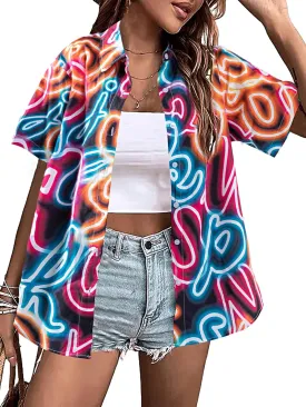 80s 90s Outfits for Women Retro Theme Party Disco Shirt 80s Hawaiian Shirt Neon Button Down Short Sleeve Blouse Tops