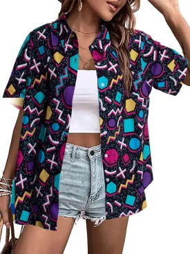 80s 90s Outfits for Women Retro Theme Party Disco Shirt 80s Hawaiian Shirt Neon Button Down Short Sleeve Blouse Tops