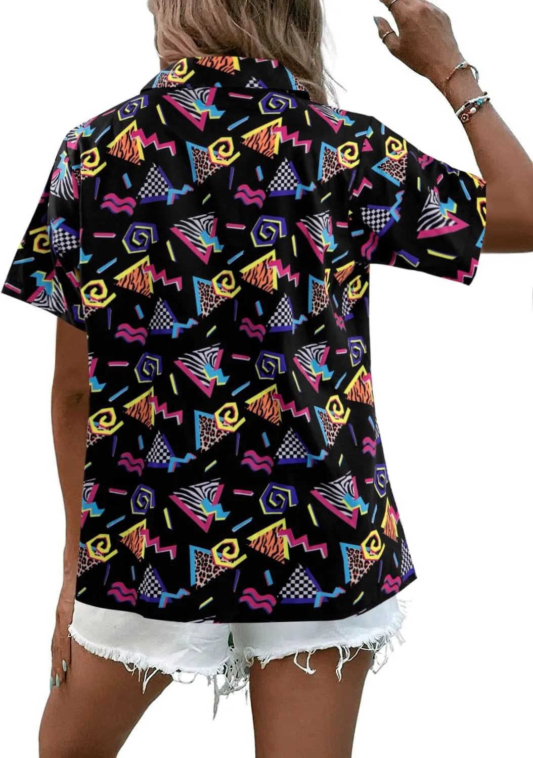 80s 90s Outfits for Women Retro Theme Party Disco Shirt 80s Hawaiian Shirt Neon Button Down Short Sleeve Blouse Tops