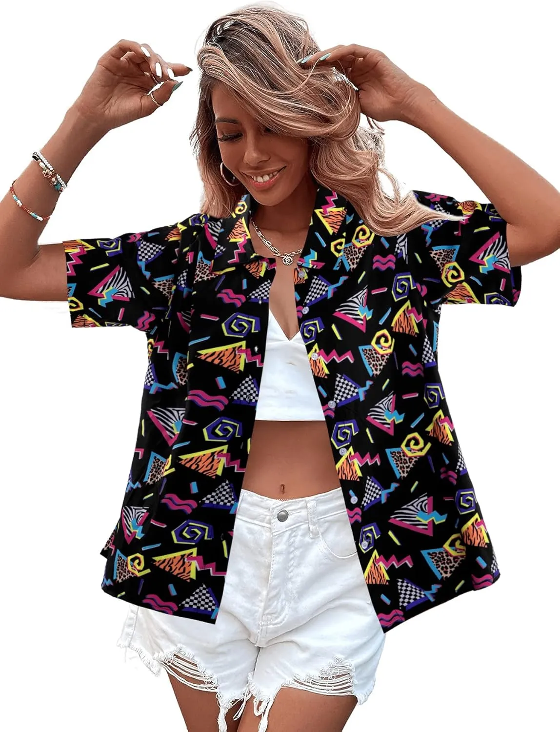 80s 90s Outfits for Women Retro Theme Party Disco Shirt 80s Hawaiian Shirt Neon Button Down Short Sleeve Blouse Tops
