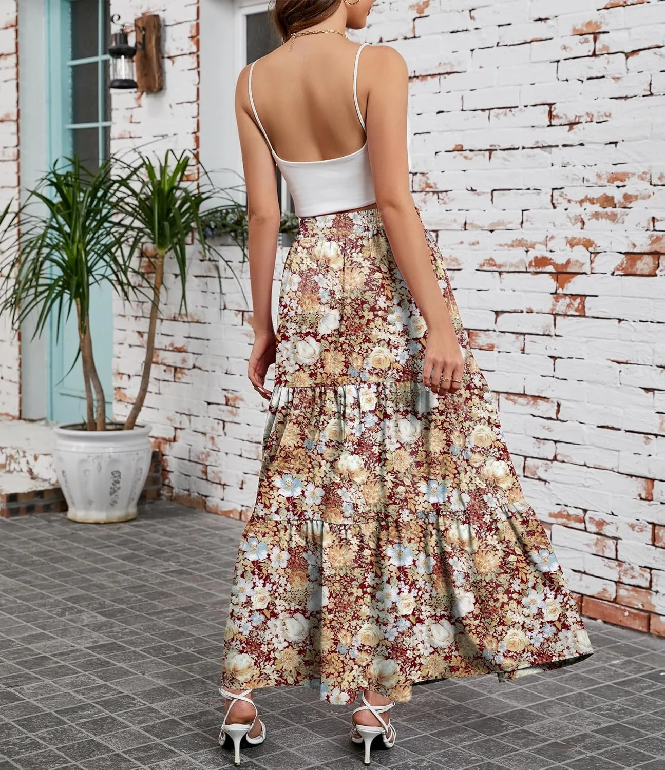 Arolina Maxi Skirt for Women Summer Boho Elastic High Waist Pleated A-Line Flowy Ruffle Swing Tiered Long Beach Skirt Dress