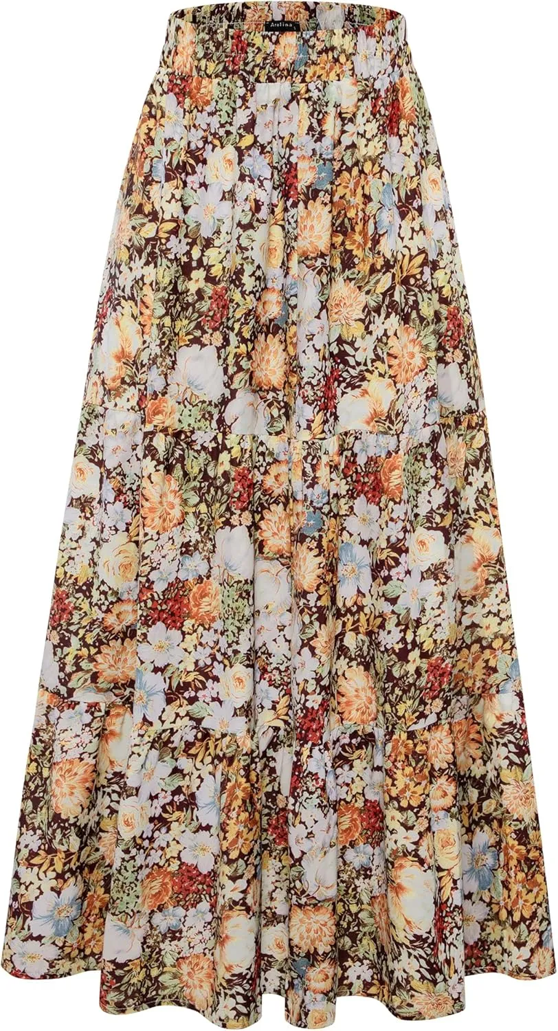 Arolina Maxi Skirt for Women Summer Boho Elastic High Waist Pleated A-Line Flowy Ruffle Swing Tiered Long Beach Skirt Dress