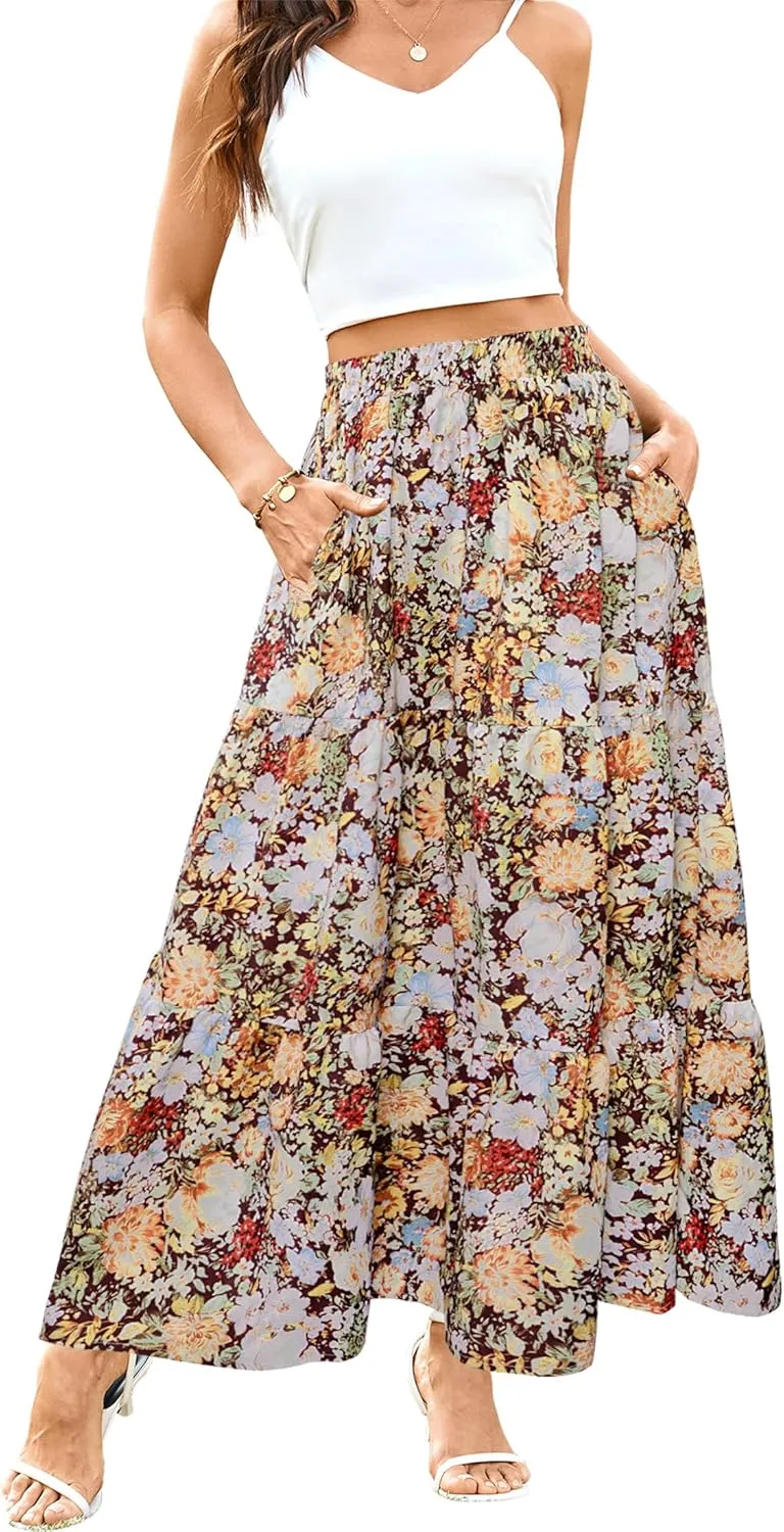 Arolina Maxi Skirt for Women Summer Boho Elastic High Waist Pleated A-Line Flowy Ruffle Swing Tiered Long Beach Skirt Dress