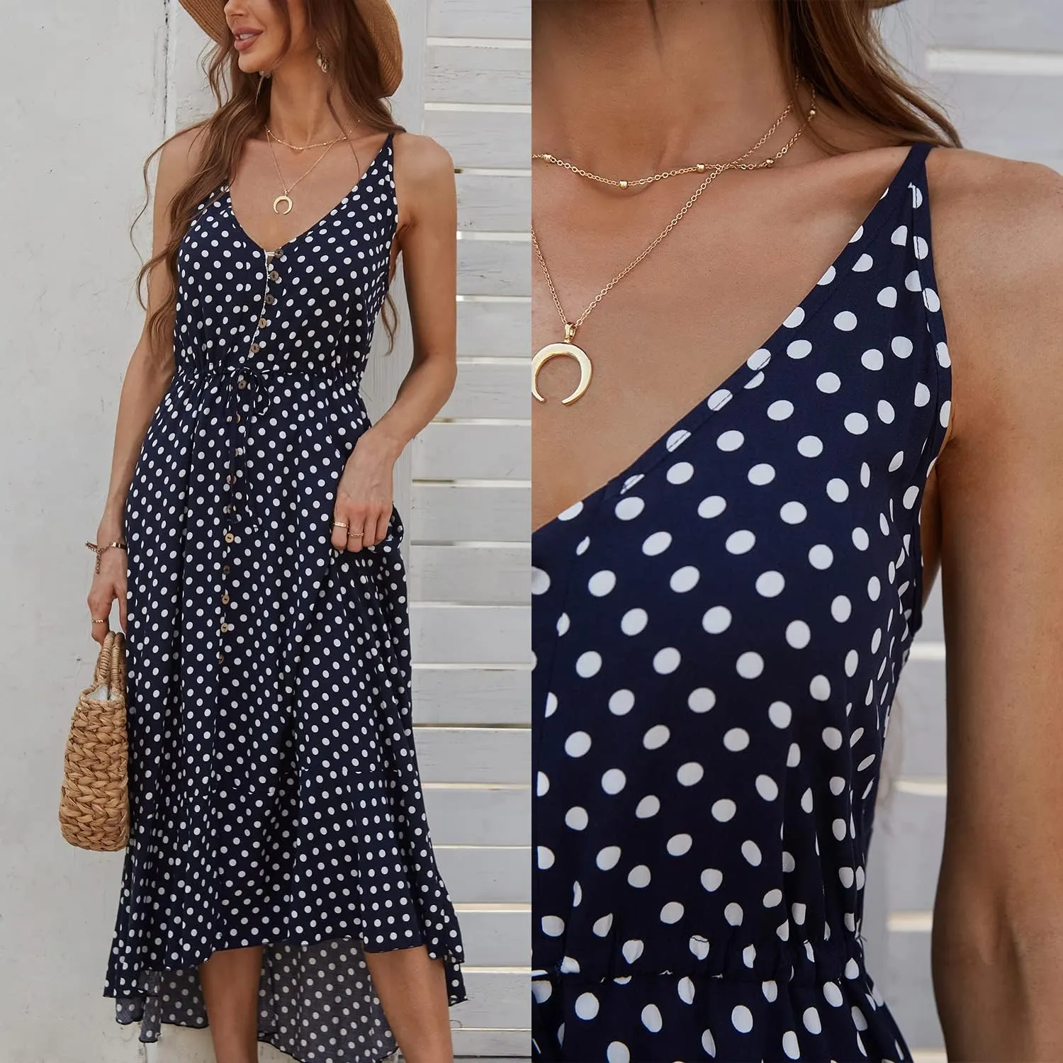 BROVAVE Women's 2025 Summer Casual Boho Sundress Polka Dot Spaghetti Strap V Neck Flowy Midi Dresses