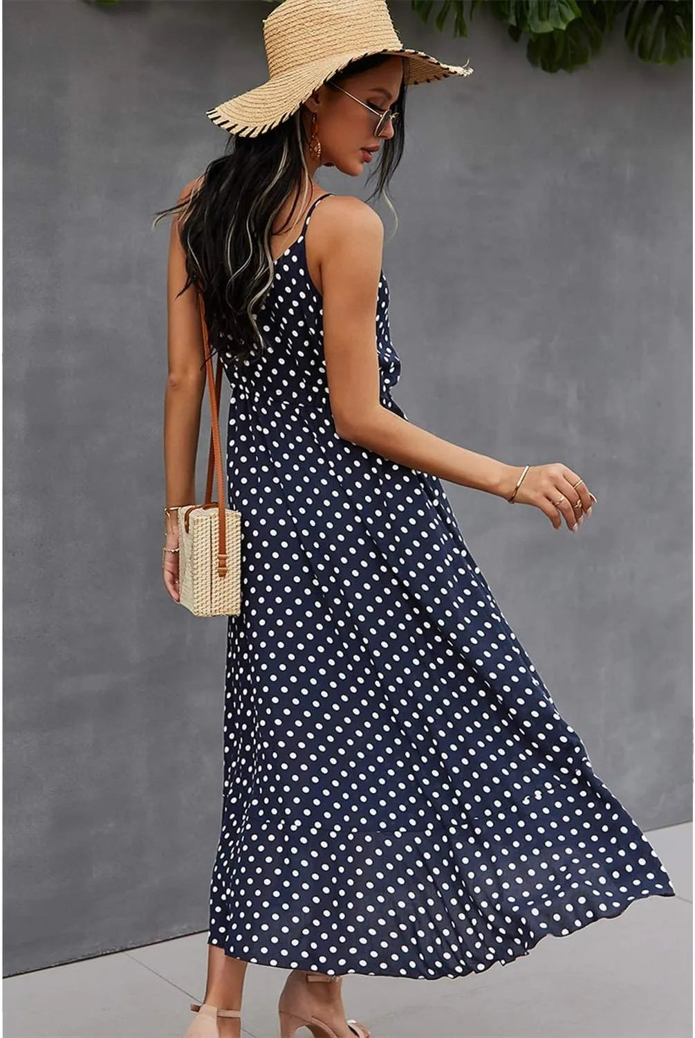 BROVAVE Women's 2025 Summer Casual Boho Sundress Polka Dot Spaghetti Strap V Neck Flowy Midi Dresses