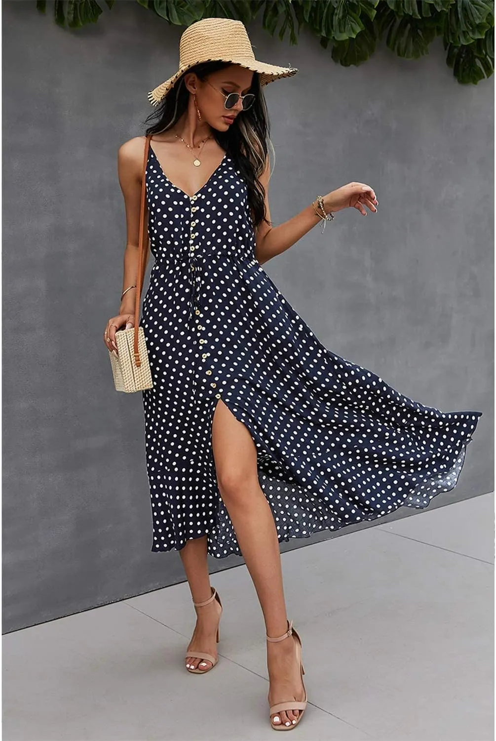 BROVAVE Women's 2025 Summer Casual Boho Sundress Polka Dot Spaghetti Strap V Neck Flowy Midi Dresses
