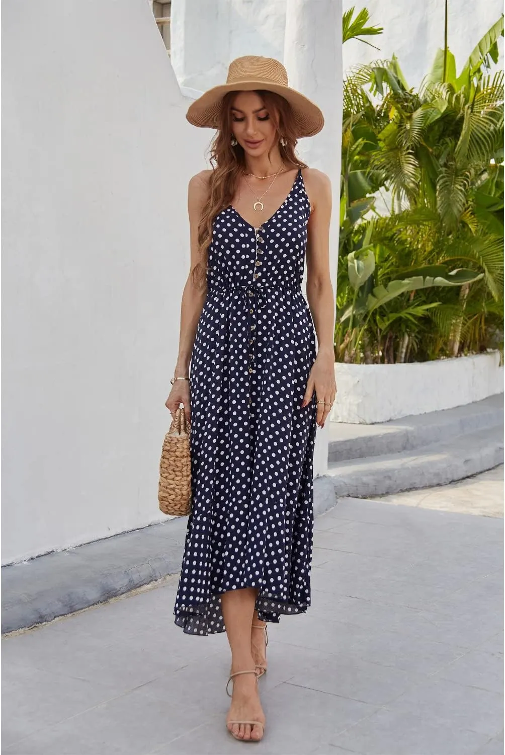 BROVAVE Women's 2025 Summer Casual Boho Sundress Polka Dot Spaghetti Strap V Neck Flowy Midi Dresses