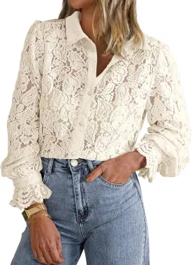 BTFBM Long Sleeve Lace Blouses for Women 2025 Spring Dressy Casual Button Down Shirts Date Night Outfit Club Party Tops