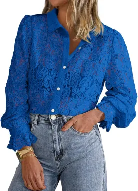 BTFBM Long Sleeve Lace Blouses for Women 2025 Spring Dressy Casual Button Down Shirts Date Night Outfit Club Party Tops