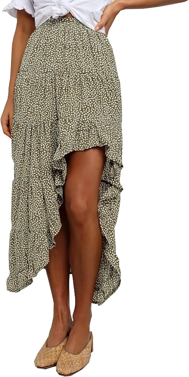 BTFBM Women 2025 Summer Spring Boho Long Skirts Dress Floral Print Elastic Waist Split Ruffle High Low Beach Maxi Skirt
