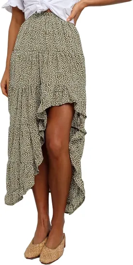 BTFBM Women 2025 Summer Spring Boho Long Skirts Dress Floral Print Elastic Waist Split Ruffle High Low Beach Maxi Skirt
