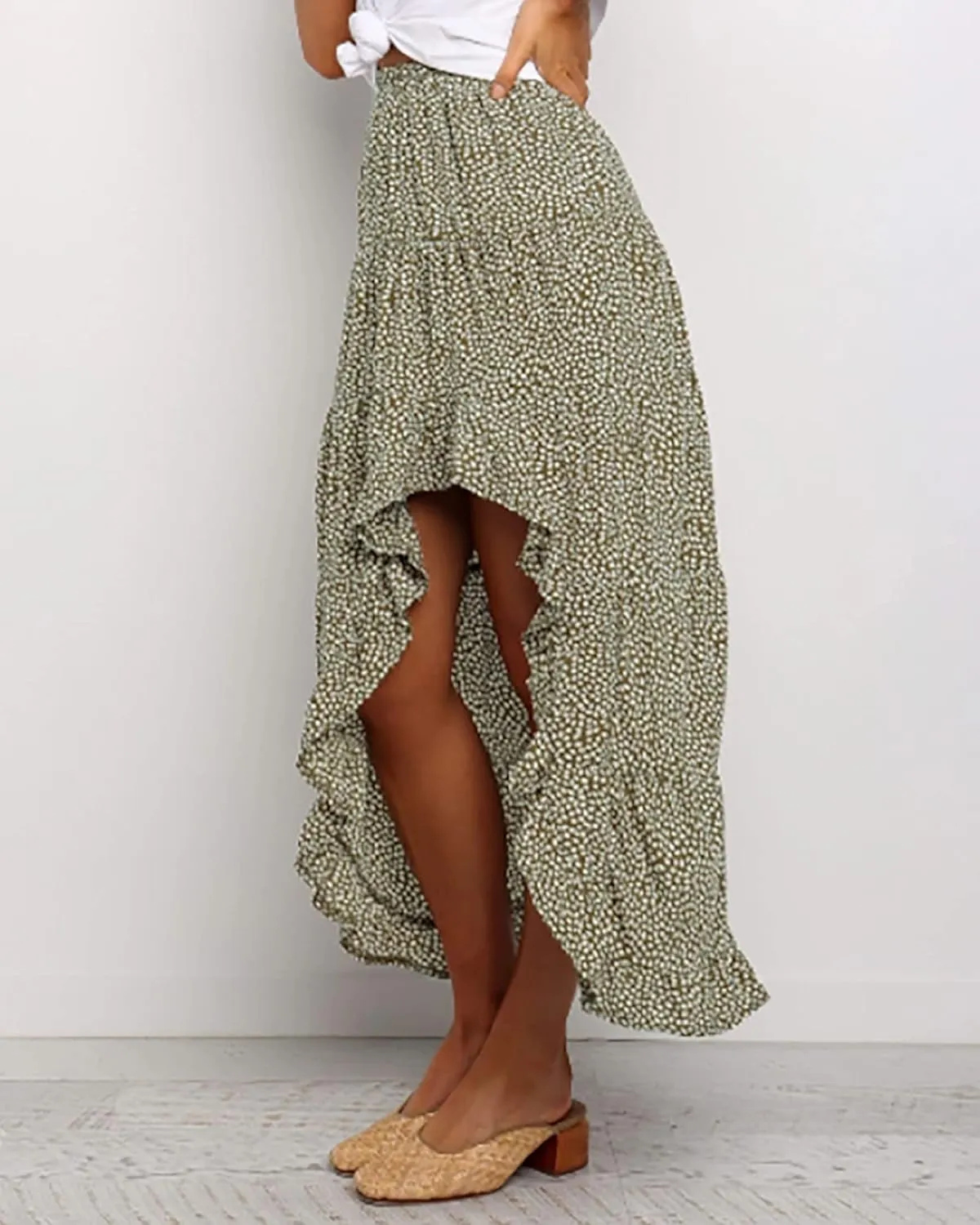 BTFBM Women 2025 Summer Spring Boho Long Skirts Dress Floral Print Elastic Waist Split Ruffle High Low Beach Maxi Skirt