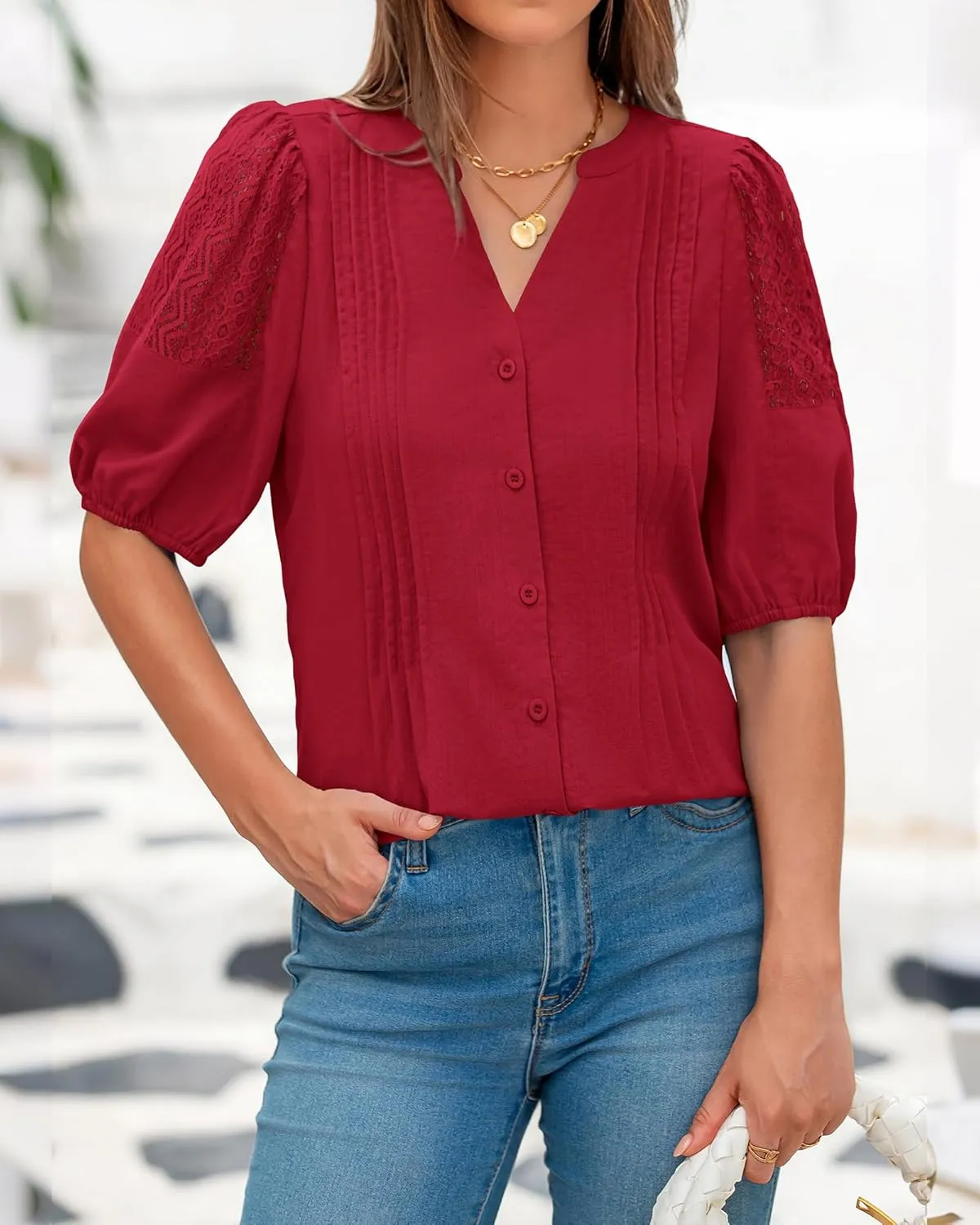 BTFBM Women's Lace Puff Sleeve Tops 2025 Summer V Neck Casual Button Down Shirts Loose Dressy Work Business Blouse Top