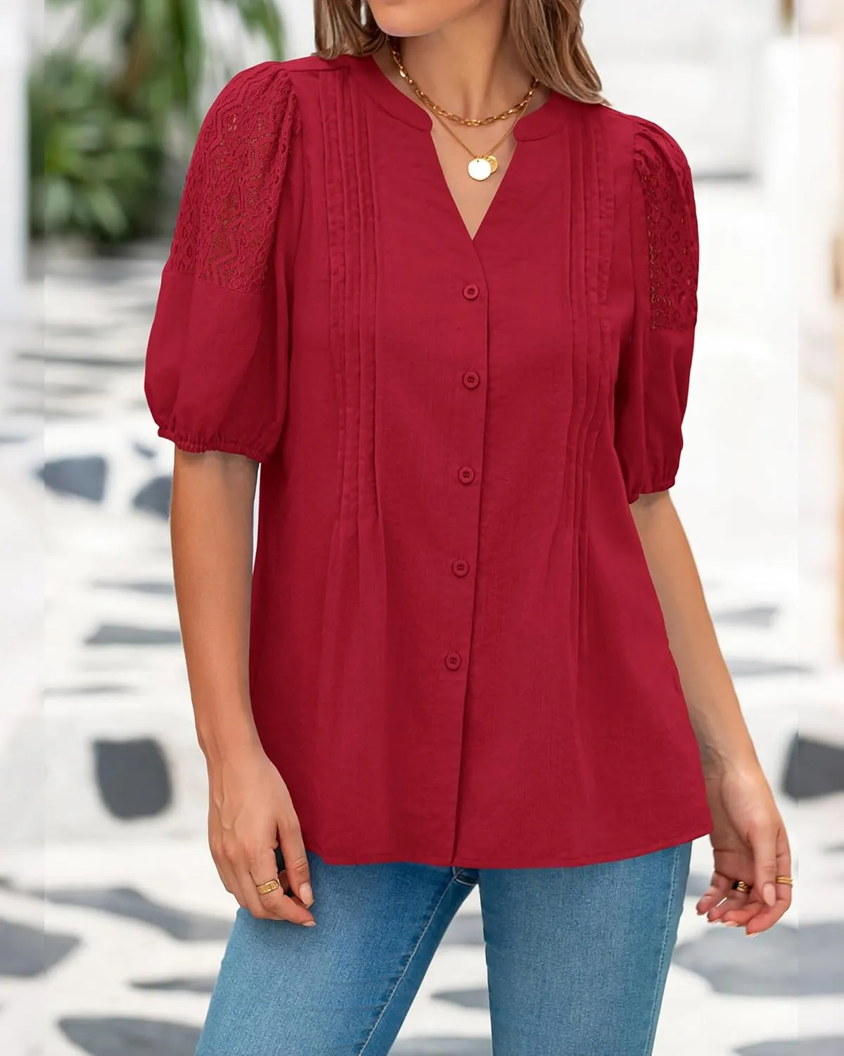 BTFBM Women's Lace Puff Sleeve Tops 2025 Summer V Neck Casual Button Down Shirts Loose Dressy Work Business Blouse Top