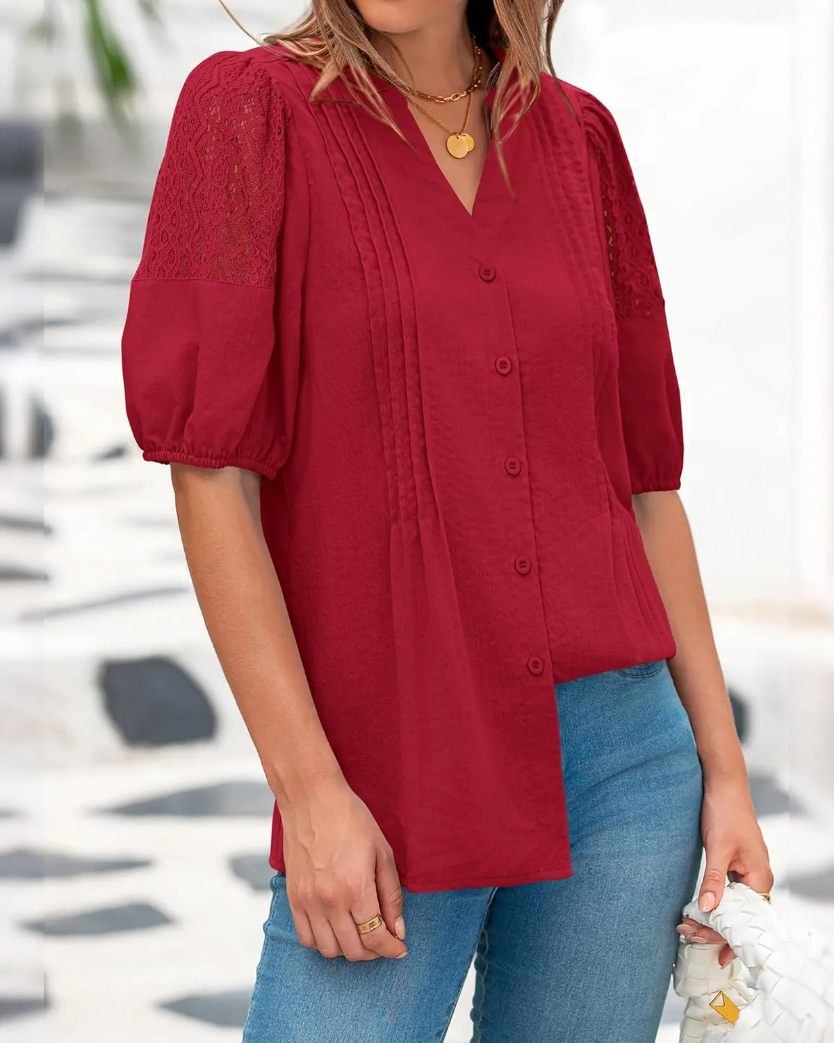 BTFBM Women's Lace Puff Sleeve Tops 2025 Summer V Neck Casual Button Down Shirts Loose Dressy Work Business Blouse Top