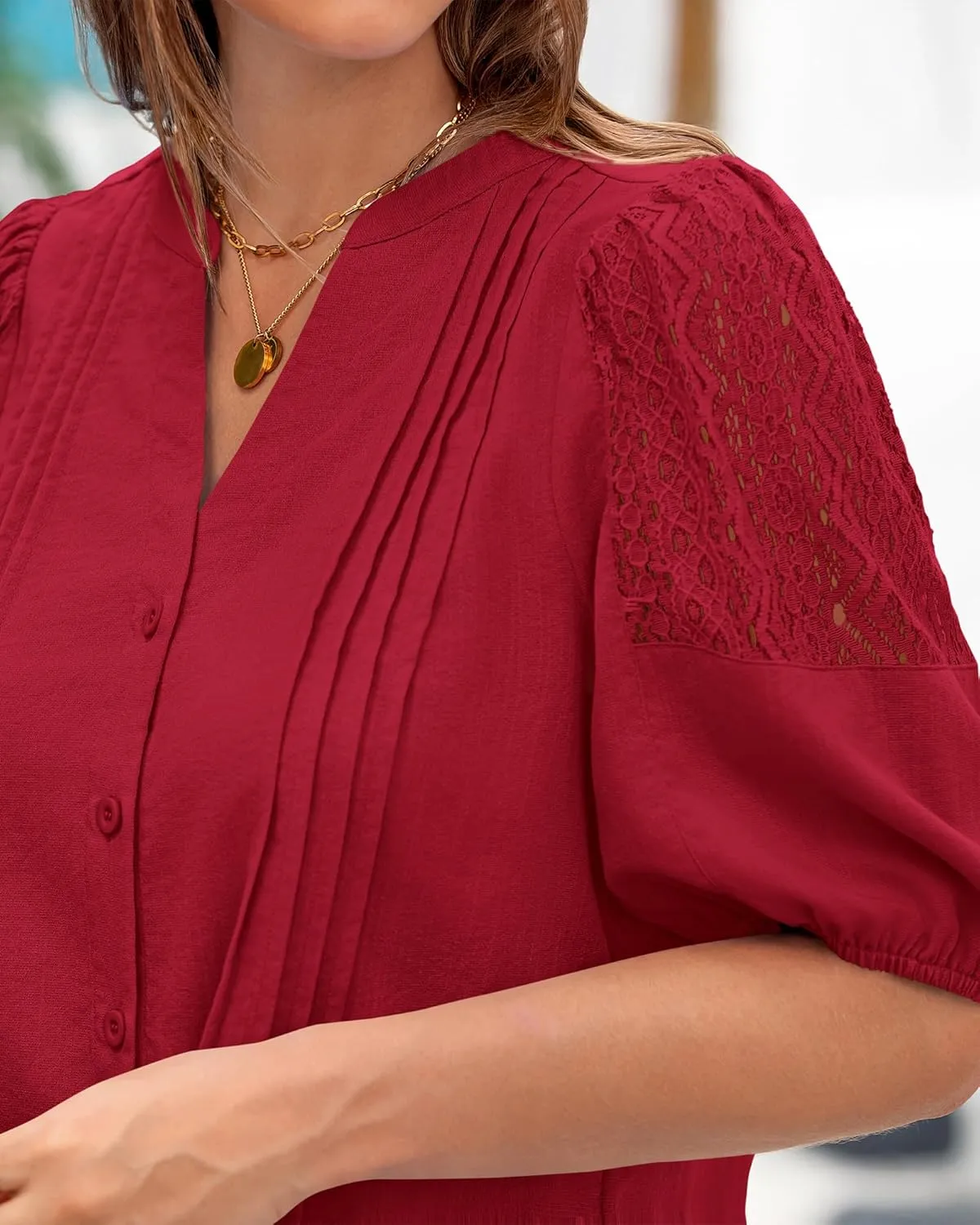 BTFBM Women's Lace Puff Sleeve Tops 2025 Summer V Neck Casual Button Down Shirts Loose Dressy Work Business Blouse Top