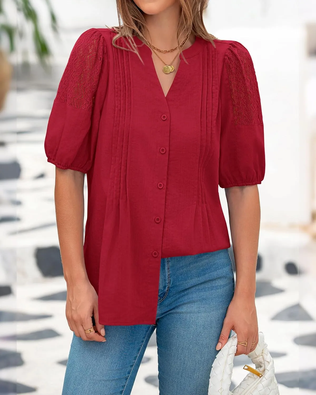BTFBM Women's Lace Puff Sleeve Tops 2025 Summer V Neck Casual Button Down Shirts Loose Dressy Work Business Blouse Top