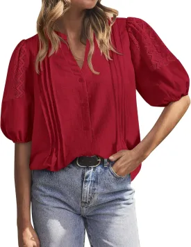 BTFBM Women's Lace Puff Sleeve Tops 2025 Summer V Neck Casual Button Down Shirts Loose Dressy Work Business Blouse Top