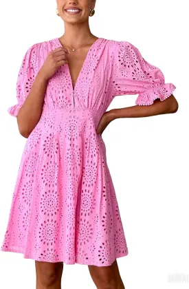 CHARTOU Women 2025 Summer Eyelet Lace Dress Short Sleeve V Neck Cut Out Lined Midi Sun Dress