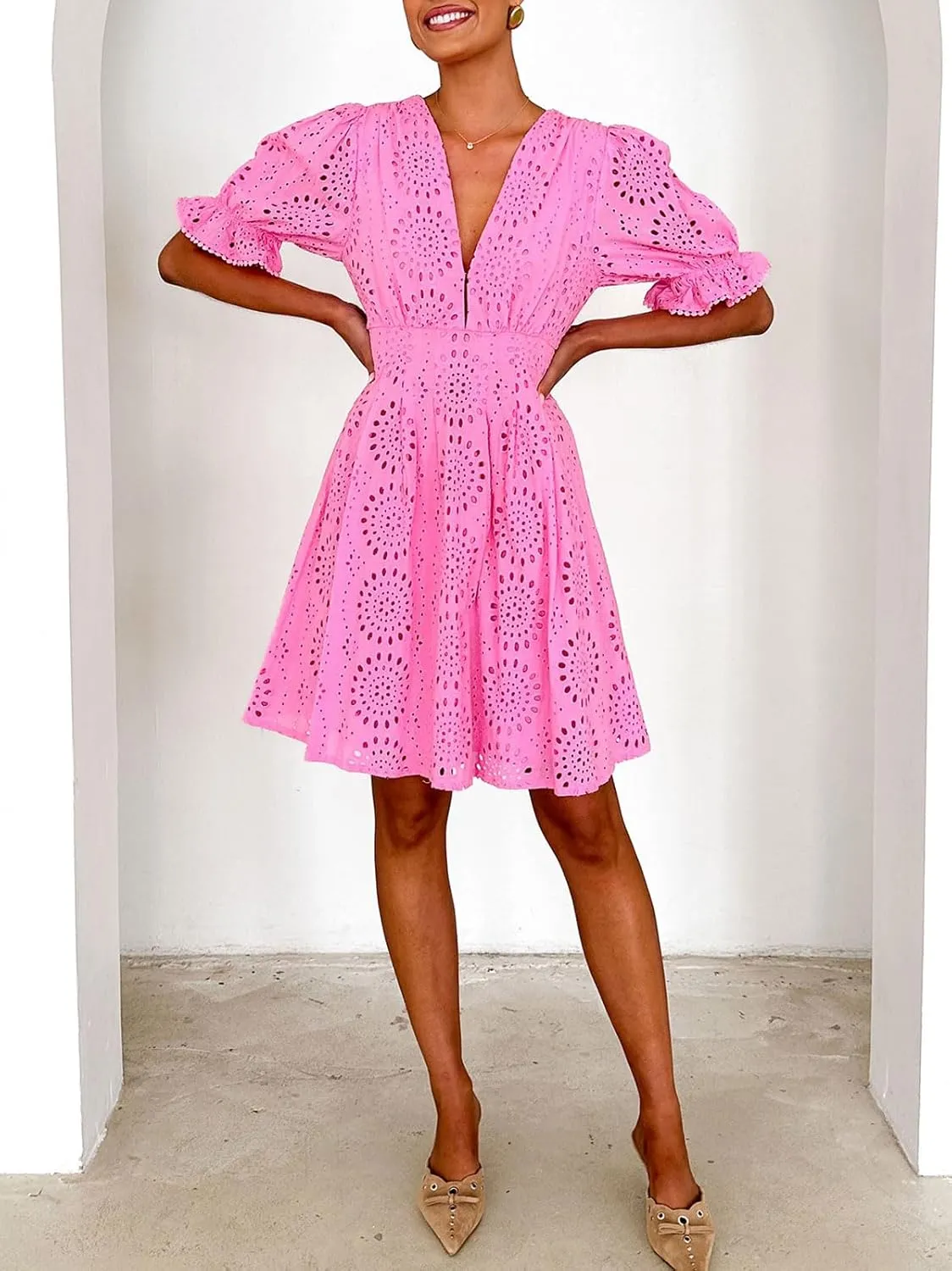 CHARTOU Women 2025 Summer Eyelet Lace Dress Short Sleeve V Neck Cut Out Lined Midi Sun Dress
