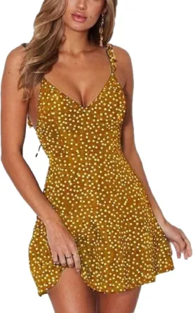 CHARTOU Women's Sexy Plunge V Neck Back Bow-Tie Spaghetti Straps Polka Dot Flared Mini Dress