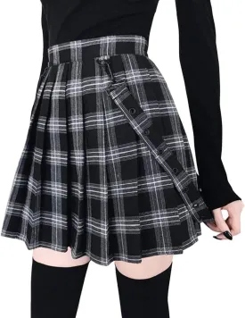 chouyatou Women's Cool Sweet A-Line Decorative Strap Plaid Pleated Mini Skirt