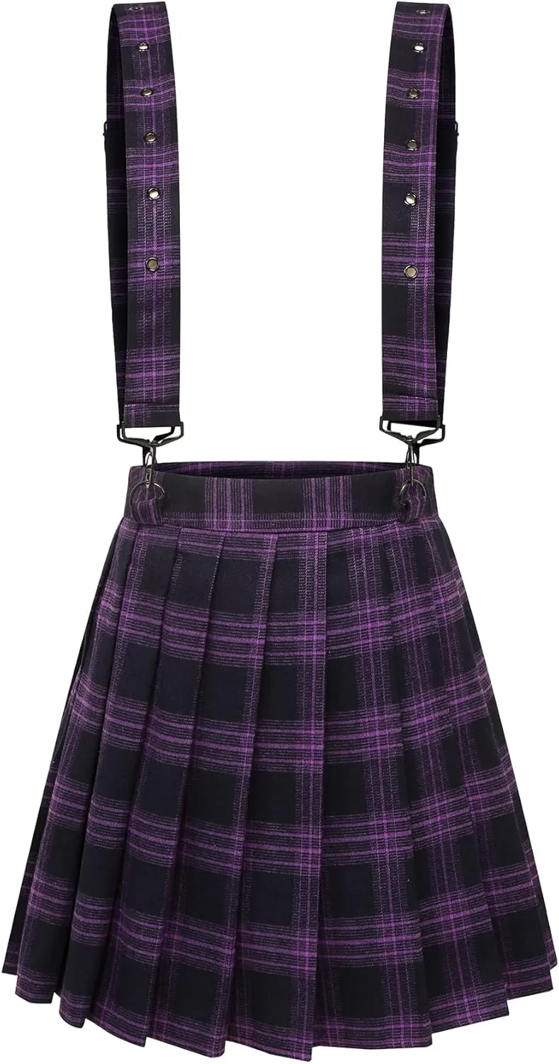 chouyatou Women's Cool Sweet A-Line Decorative Strap Plaid Pleated Mini Skirt